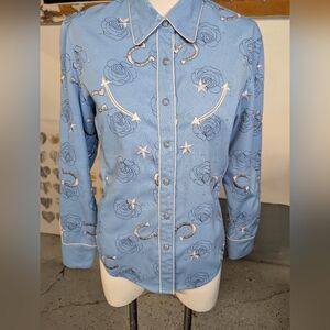 Scully Western-Style Snap Button-Up Shirt Piping Horseshoes Roses Rhinestone SzM